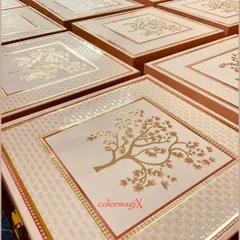 A large order of our custom-designed wedding gift boxes. The elegant tree-of-life motif with gold foil detailing makes these boxes a beautiful and memorable choice for wedding favors.