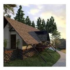 This design proposal for a resort in a wild, natural setting features A-frame cottages on stilts. The design works with the steep topography rather than fighting it, using elevated structures and local materials to create a luxurious yet grounded hospitality experience.