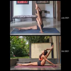 Here you can see the change in my hamstring and hip flexibility over just a few months. This shows how attending to your body with love, care, and consistency brings about beautiful results.