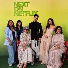 The cast of 'The Royals' for a Netflix event, with Zeenat Aman seated in the center wearing the full look I styled. It’s always a collaborative effort to create a cohesive group aesthetic.