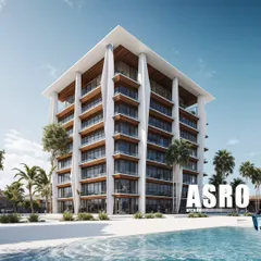 A daytime render of the Koh Lanta service apartments. The design features open layouts and sea-facing views, along with amenities like restaurants and a swimming pool, offering a complete resort-style experience.