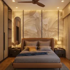 Your bedroom should be your personal retreat. In this master bedroom, we used warm earth tones, a custom upholstered bed, and a nature-inspired wallpaper panel to create a tranquil and restorative atmosphere. The integrated wardrobe provides seamless storage without disrupting the calm.