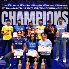 Our players displaying their 7-medal haul from the Maharashtra Sr. State Selection Tournament. Anagha Karandikar was the star, winning a double crown in Women's and Mixed Doubles.