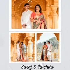 A clean and elegant layout featuring the couple inside a beautifully lit hall with ornate pillars, highlighting the grandeur of the location and their attire.