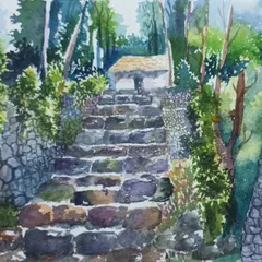 A watercolour painting of stone steps leading up a hill. This piece is a study in capturing the texture of stone and the interplay of light and shadow in a natural setting.
