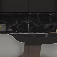 This kitchen concept, titled 'Heart of the house', features a bold black marble backsplash and dark veneer cabinets. The design is for a sleek, minimalist, and clutter-free kitchen with high-end bespoke details.