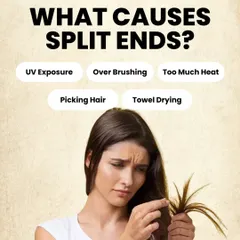 What causes split ends? This graphic breaks down common culprits like UV exposure, over-brushing, and heat damage. Protecting your locks is key to keeping them smooth and frizz-free.