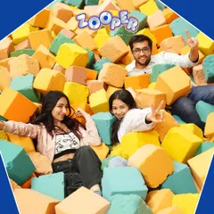 A group of friends having a blast in our foam pit. It's the perfect spot for a soft landing after a jump or just to hang out.