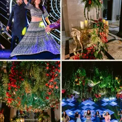 A collage from an enchanted forest Sangeet. The decor featured a lush green ceiling with hanging florals and butterflies, creating a magical atmosphere for the performances.