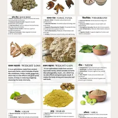 Here you can see herbs targeted for specific goals, including my own formulations for weight management and building strength. We also use powerful single herbs like Neem for detoxification and Giloy to boost your immune system.