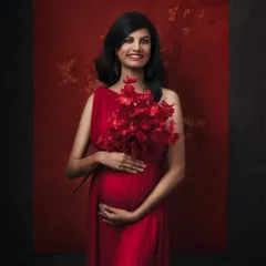 A similar pose, capturing the joyful and direct gaze of the mother-to-be, connecting with the viewer.