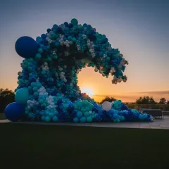 This was one of my most ambitious projects: a massive balloon wave sculpture for an outdoor product launch. Built with thousands of balloons in shades of blue and white, it created a stunning visual against the sunset, showing that even large corporate events can have an artistic touch.