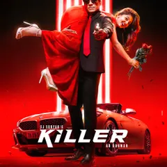 Another powerful poster from the movie *Killer*. The styling here focuses on a dramatic, high contrast look with a sharp black suit, a bold red tie, and a red dress for the co-star, all set against a vibrant red background.