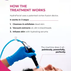 This is the HydraFacial treatment in progress. The patented vortex-fusion device you see here is performing a three-step process: cleansing and exfoliating, vacuum-extracting impurities from pores, and infusing the skin with hydrating serums for an immediate, healthy glow.