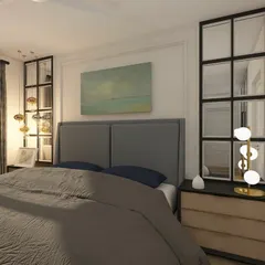Could this be your master bedroom? This design for an ATS Homekraft apartment features elegant wall molding, mirrored panels to create a sense of depth, and a sophisticated color palette of grey, black, and wood tones.