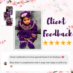 "Hmari celebration ko itna special bnane k lie thankyou." It was my absolute pleasure to create this royal purple outfit for your baby's special day. I'm so happy you received so many compliments.