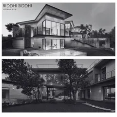 The Riddhi Siddhi villa in Lonavala, presented in a render and a final photograph. The design focuses on integrating the interior spaces with the exterior landscape, with large glass walls and open layouts that connect the home to its natural surroundings.