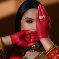 A powerful conceptual portrait. The use of red-painted hands, or 'alta', frames the face, creating a visually arresting image that is rich with cultural symbolism and artistic expression.