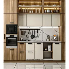 A beautiful modular kitchen with wood-grain and cream cabinets. The design includes a marble-effect backsplash and smart storage solutions to keep countertops clear.