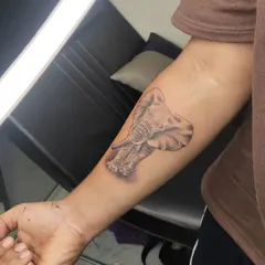 Another angle of the realistic elephant tattoo, showing how the piece wraps around the forearm.