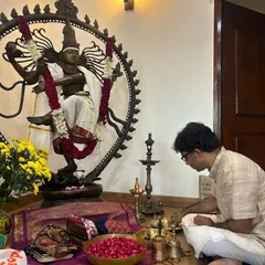 The sacred Guru Pooja, an auspicious occasion where we pay homage to our gurus and the art form. My husband Chandru performs the rituals before the idol of Lord Nataraja, the cosmic dancer.