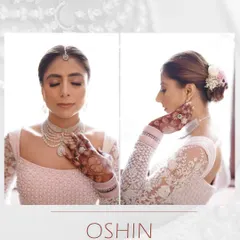 A diptych of the bride, showcasing her elegant makeup, pearl jewelry, and the intricate details of her pastel lehenga.
