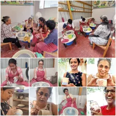 The smiles say it all. This is a collage from one of my 12-session beginner's wheel throwing courses, capturing the journey from learning the basics to proudly holding a finished, decorated piece. We keep classes small to ensure everyone gets personal guidance.