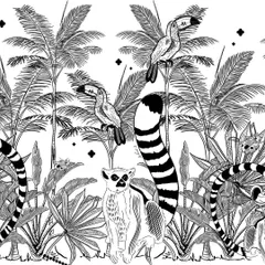 This is a seamless pattern from my "Treasures of Madagascar" collection, featuring lemurs, toucans, and lush jungle foliage in a detailed monochrome style.