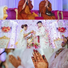 A collage from a Buddhist wedding ceremony, showing the monks' blessings and the couple's rituals.