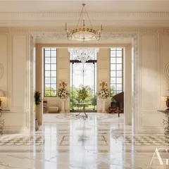 A symphony of sophistication where timeless craftsmanship meets refined elegance. Polished white marble with a chessboard pattern adds opulence, while tall windows flood the space with natural light, highlighting the grand scale and intricate architectural details of this foyer.