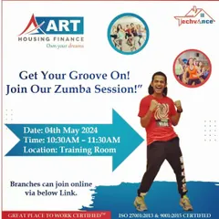 An announcement for a hybrid Zumba session with Art Housing Finance. I make sure that even employees in different branches can join the fun online.