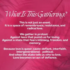 A text-based poster explaining the ethos of a gathering of remembrance, resistance, and radical love.