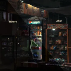 A simple corner store at night. The edit transforms a dark, underexposed image into a vibrant scene, making the colors from the Pepsi fridge and snack displays pop with a moody, cinematic quality.