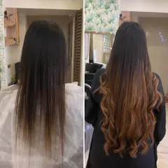 A repeat of a fantastic transformation, this image perfectly captures the shift from straight hair to voluminous, colored waves.
