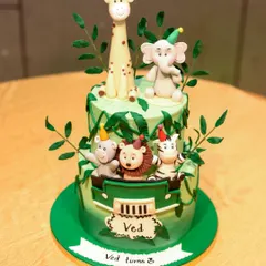 A two-tiered jungle safari cake with cute, handcrafted animal figures. We take dedicated shots of the birthday cake before it's cut.