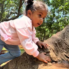 With hands firmly planted, this young explorer is ready for the next move. Every climb is a small victory that builds resilience and self-esteem.