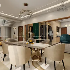 I believe a dining area should be a masterpiece of its own. Here, a marble-top table, plush seating, and artistic lighting come together to create a space for memorable meals and conversations.
