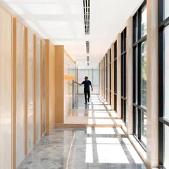 An interior corridor at Stone Boulevard, where the interplay of light from large windows and the texture of wall panels creates a sensory journey. We design circulation spaces to be engaging parts of the architectural experience.