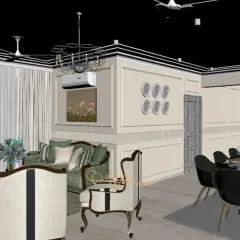 The raw 3D draft, where we map out the furniture layout, wall treatments, and lighting plan. This is the blueprint for the final design.