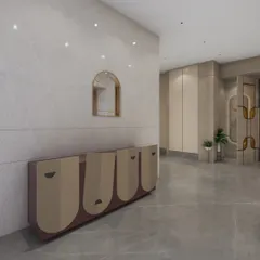 A 3D render of a custom-designed console. We often design bespoke furniture pieces to perfectly fit a space and reflect the client's personality. This piece features abstract face-like motifs and a neutral color palette.