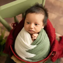 This alert baby is looking right at the camera, wrapped snugly in earthy green and white tones. It's always a special treat to capture their beautiful, open eyes.