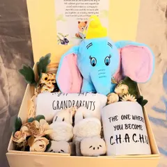 I loved creating this pregnancy announcement hamper for a client in the USA to send to their family in India. It includes a "The one where you become Chachu" mug and a "Best parents get promoted to Grandparents" romper.