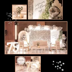 A collage showcasing different angles of the 75th birthday stage decor. You can see the lit marquee numbers, the shimmering backdrop, and the elegant seating arrangement, all key elements of a luxury milestone event.
