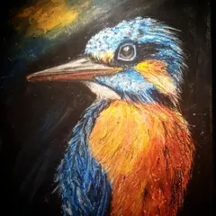 A vibrant portrait of a kingfisher done with oil pastels on a dark background. This technique makes the bright colors of the bird stand out beautifully.