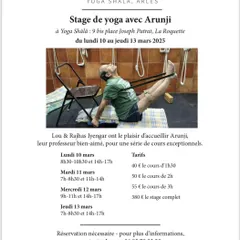 An announcement for my "Stage de yoga" (yoga course) at Yoga Shala in Arles, France.