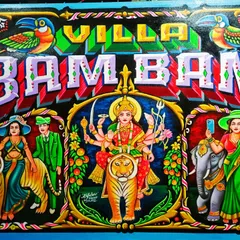 A close-up of the "Villa Bam Bam" painting, focusing on the powerful depiction of Durga.