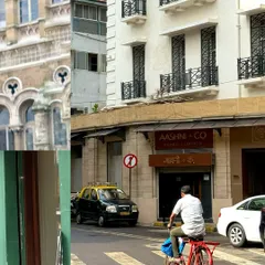 A collage showing the layers of Bombay's streets. The mix of heritage architecture, a classic kaali-peeli taxi, and a cyclist creates a dynamic composition that reflects the city's constant motion.