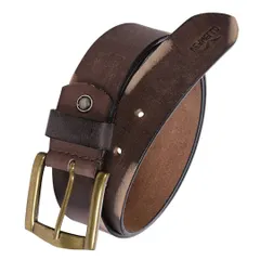 A close-up of a genuine leather belt with a two-tone distressed brown finish and an antique brass buckle. The natural variations in the leather ensure each piece is unique.