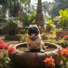 This playful pug found a new favorite spot right in one of our large planters. We love seeing their quirky personalities shine.
