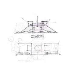 Conceptual drawings showing the front elevation and plan. These early sketches explore the building's core geometry, the central axis, and the way natural light would enter the space, establishing the project's foundational design language.